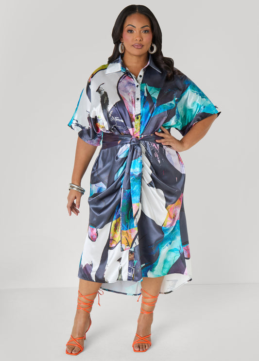 Gathered Abstract Print Shirtdress