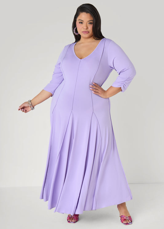 Plus Size seamed maxi dress plus size gathered casual V neck dress	