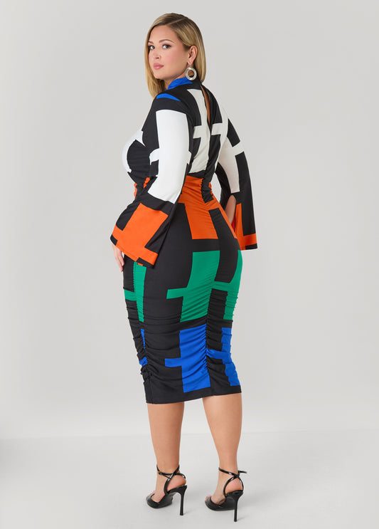 Ruched Geo Print Bodycon Dress