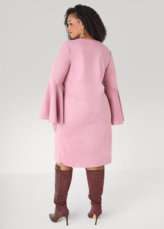 Bell Sleeved Faux Suede Dress