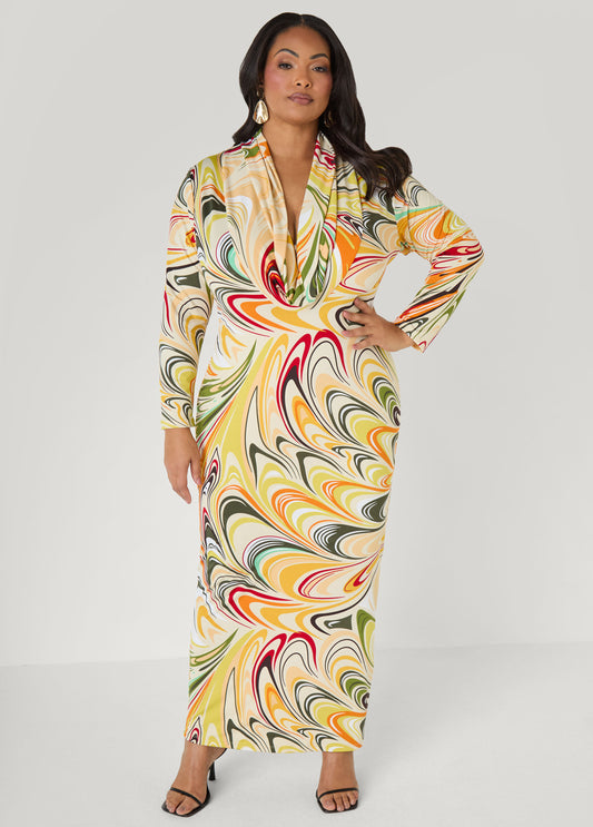 Swirl Print Cowl Neck Maxi Dress