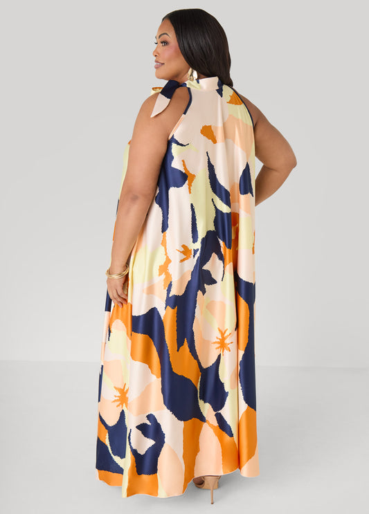 Cutout Watercolor Print Maxi Dress