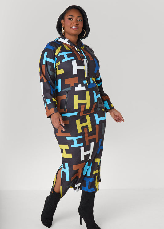 Geo Print Maxi Hoodie Dress