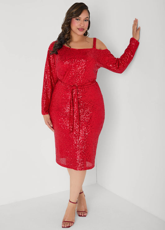 Plus Size Sequined Cold Shoulder Dress