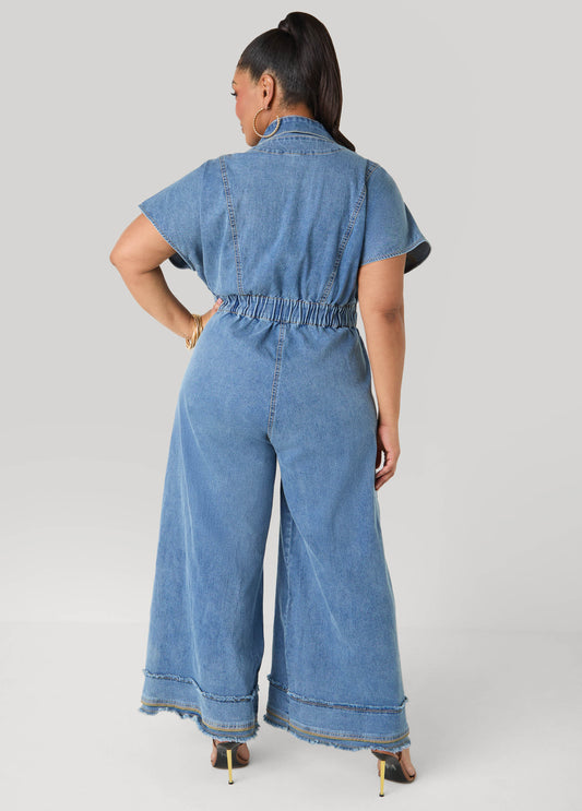Frayed Denim Wide Leg Jumpsuit