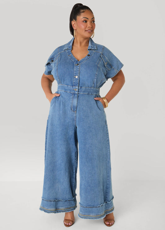 Frayed Denim Wide Leg Jumpsuit
