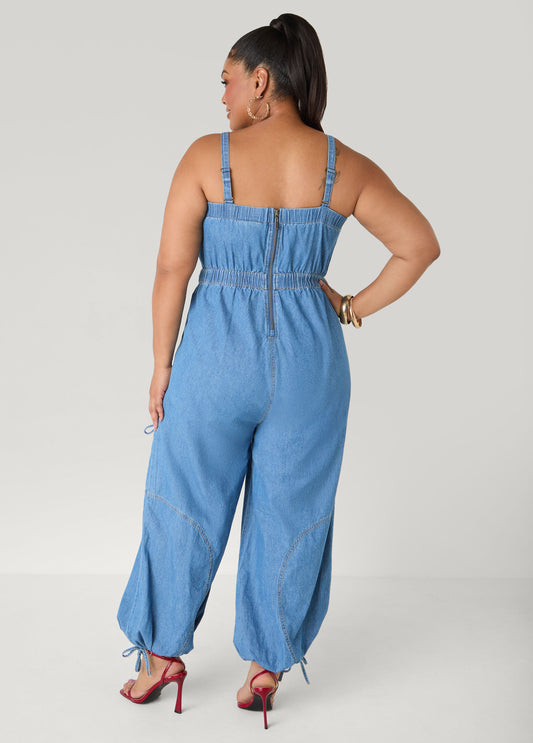 Convertible Denim Joggers Jumpsuit
