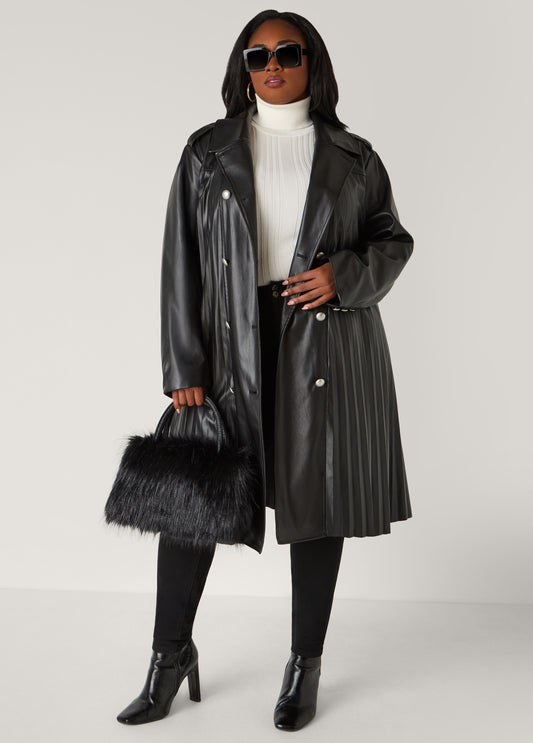 Pleated Faux Leather Trench Coat