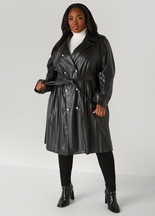 Pleated Faux Leather Trench Coat
