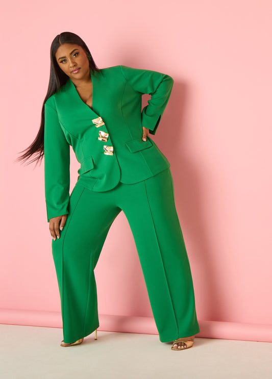 Plus Size Green Blazer Trendy Power Suit Two Piece Matching Set