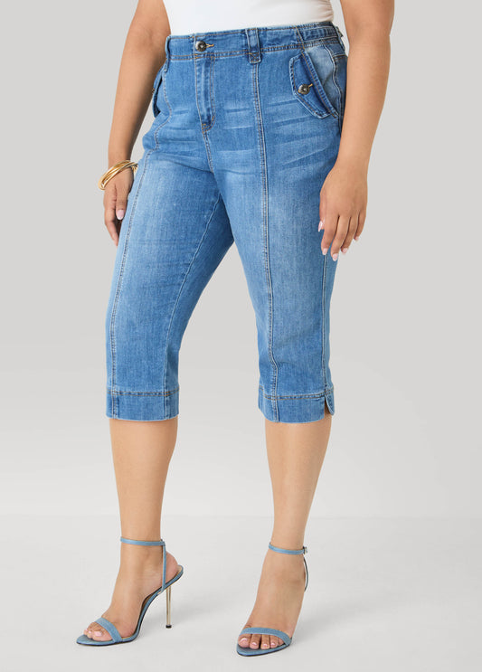Flap Pocket Seamed Denim Capris