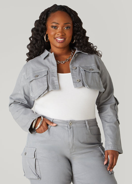 Plus Size Coated Cropped Denim Jacket