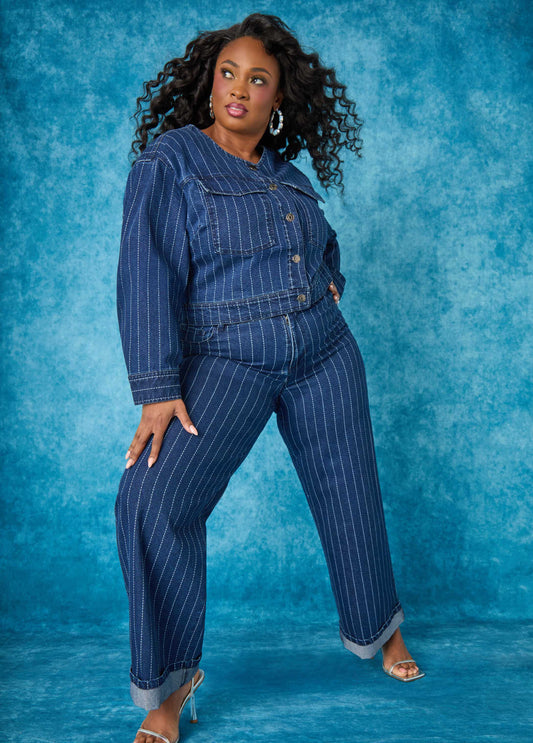 Plus Size Pinstriped Wide Leg Jean Two Piece Denim Matching Set