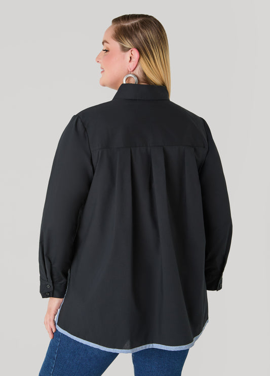 Denim Print Paneled Hi Low Shirt