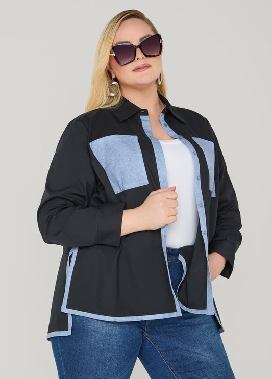 Denim Print Paneled Hi Low Shirt