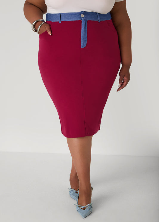 Plus Size Denim Paneled Midi Skirt