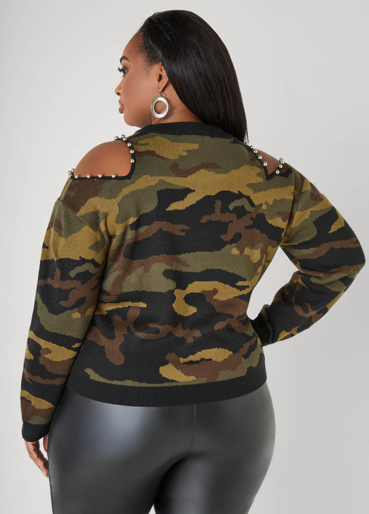 Studded Cold Shoulder Camo Sweater