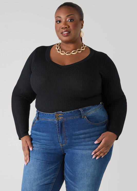 Ribbed Knit V Neck Sweater